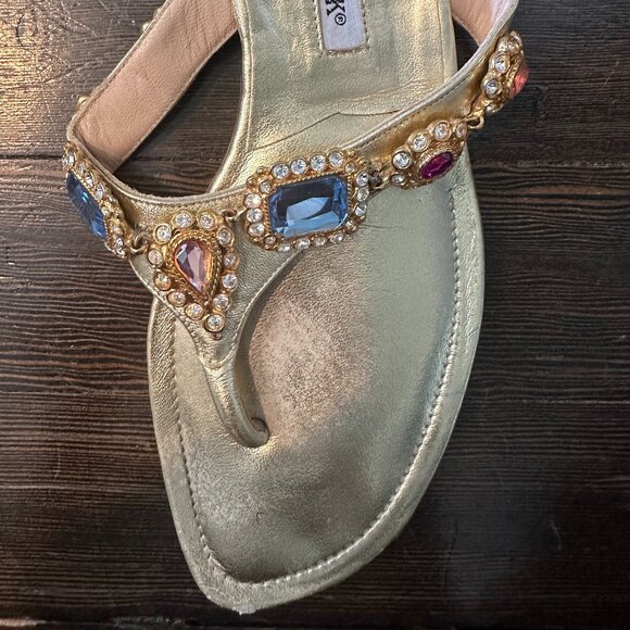 Manolo Blahnik Gold Leather Jeweled Flats - sz 38 (runs small - best for a 37) - Picture 4 of 10